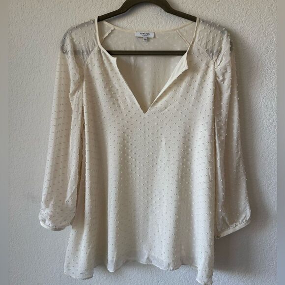 Aritzia Babaton Top Blouse Polka Dot Silk Blend Sz L V-Neck Soft Girl Romantic - Picture 1 of 8